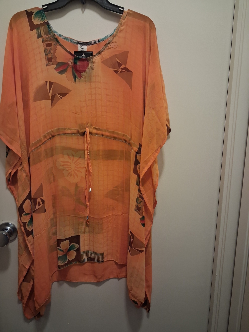 Sheer Orange Floral Drawstring Tunic by Unbranded